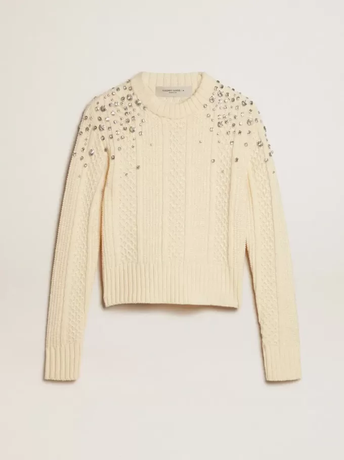 Dames cropped sweater in verwassen wit met decoratieve kristallen