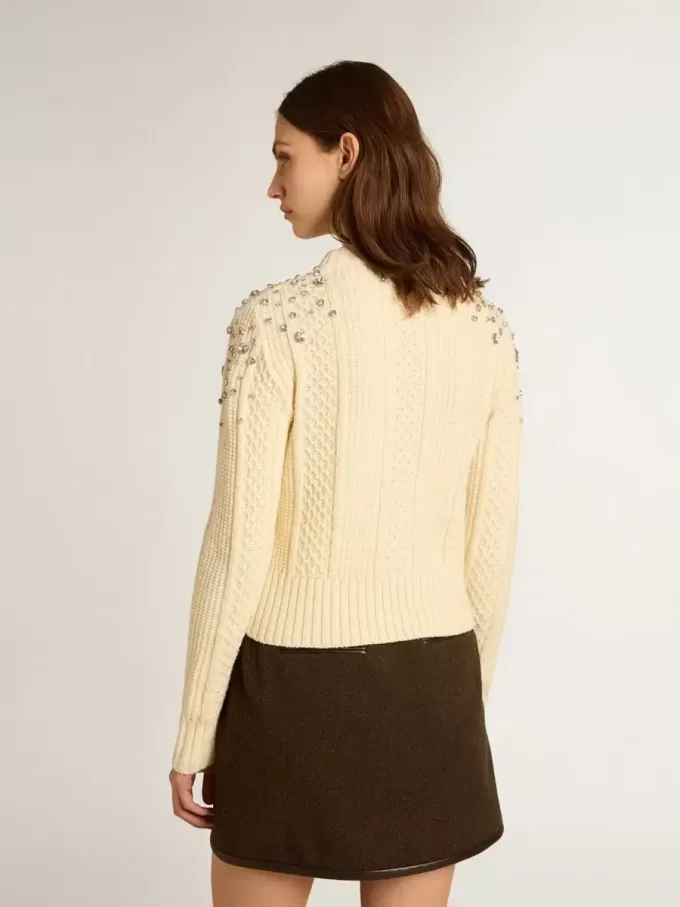 Dames cropped sweater in verwassen wit met decoratieve kristallen
