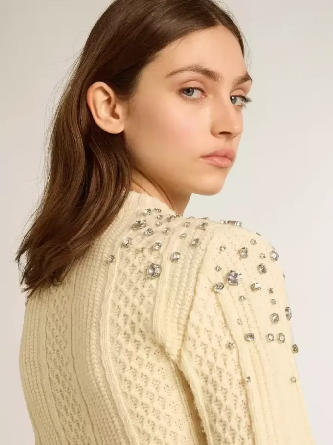 Dames cropped sweater in verwassen wit met decoratieve kristallen