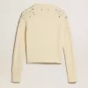 Dames cropped sweater in verwassen wit met decoratieve kristallen