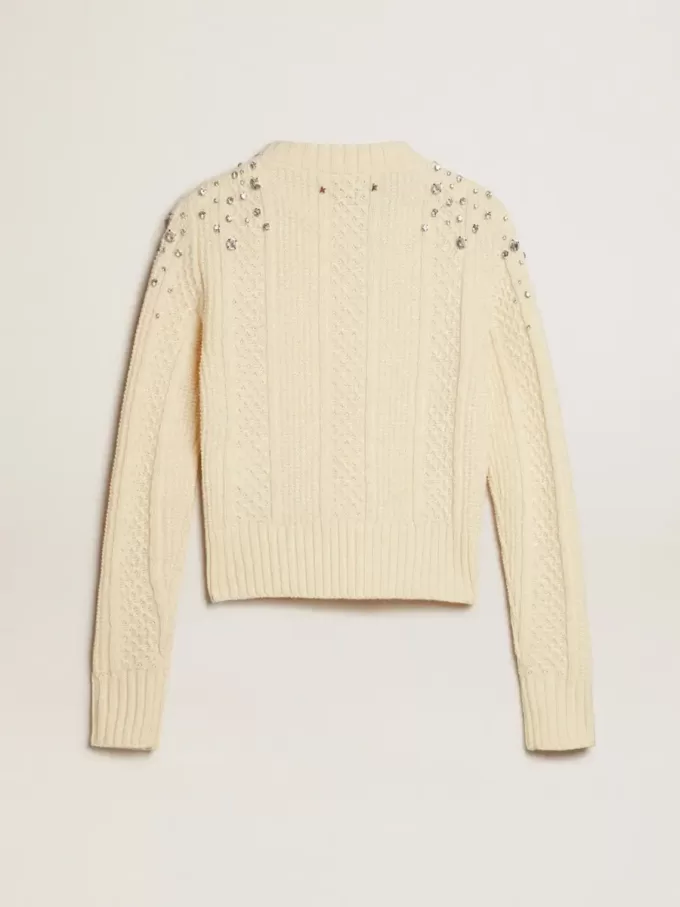 Dames cropped sweater in verwassen wit met decoratieve kristallen