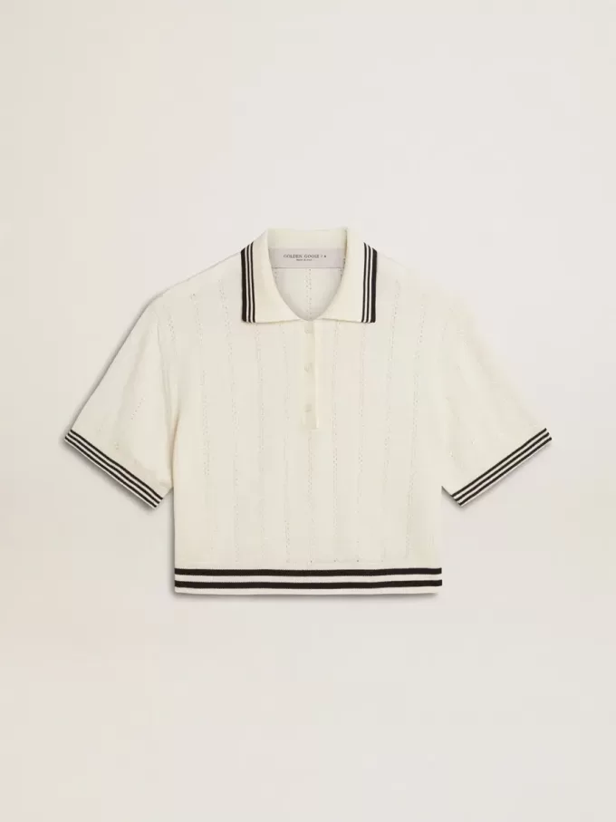 Dames polo shirt in cropped model van versleten wit katoen met blauwe ribboorden