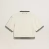 Dames polo shirt in cropped model van versleten wit katoen met blauwe ribboorden