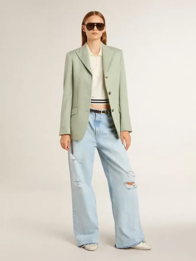 Dames polo shirt in cropped model van versleten wit katoen met blauwe ribboorden