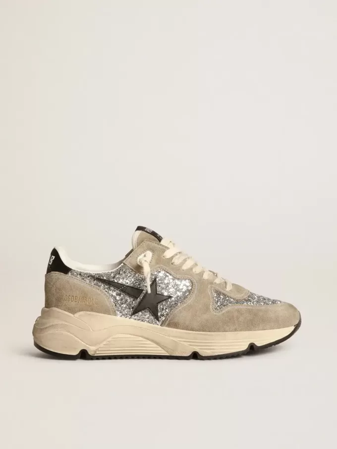Dames Running Sole in zilver glitter en duifgrijs suède