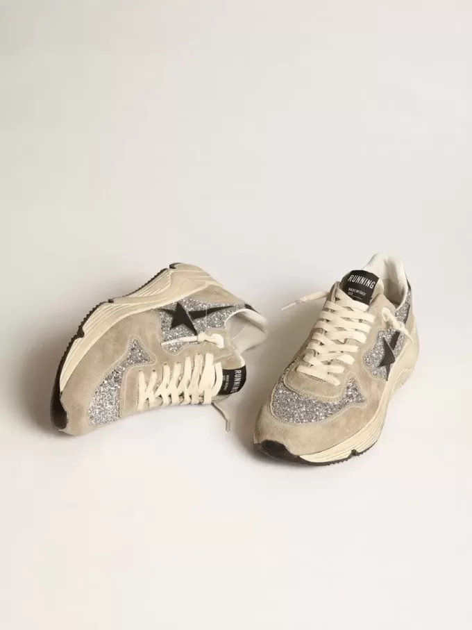 Dames Running Sole in zilver glitter en duifgrijs suède
