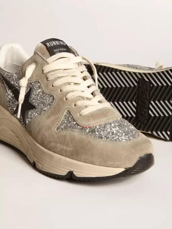 Dames Running Sole in zilver glitter en duifgrijs suède