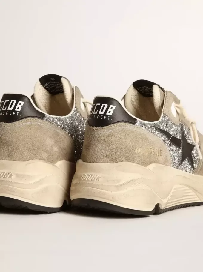 Dames Running Sole in zilver glitter en duifgrijs suède