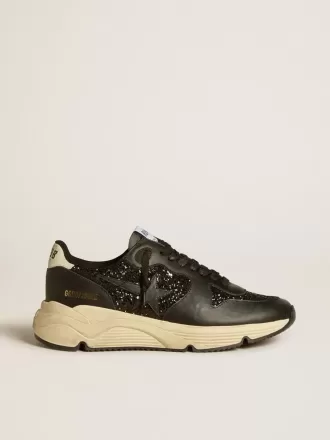 Dames Running Sole in zwart glitter met leren ster en nubuck hielstuk