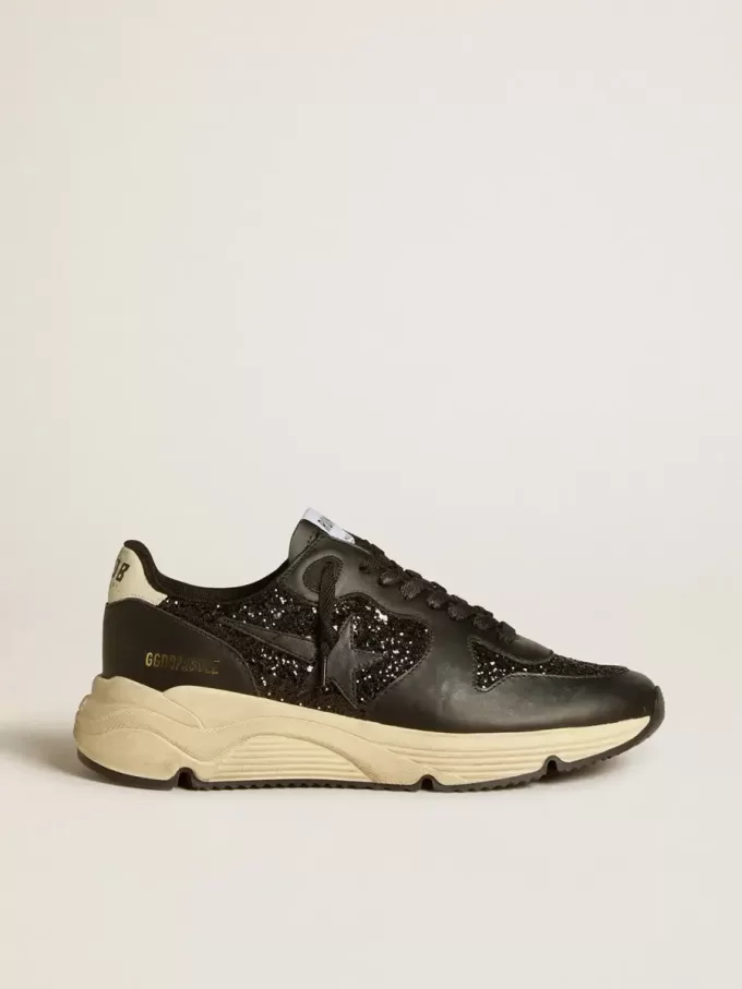 Dames Running Sole in zwart glitter met leren ster en nubuck hielstuk