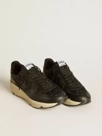 Dames Running Sole in zwart glitter met leren ster en nubuck hielstuk