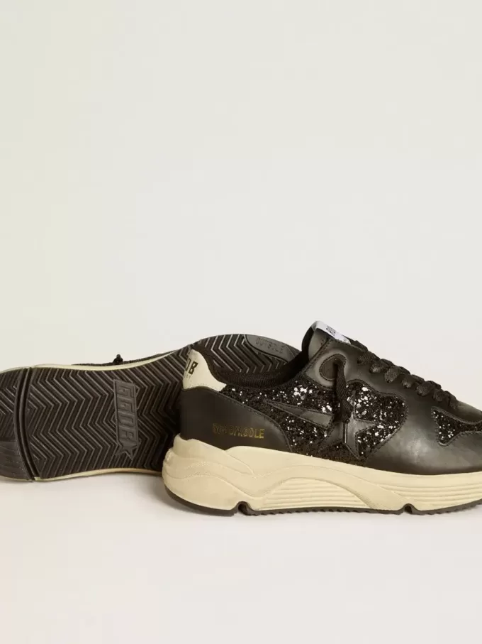 Dames Running Sole in zwart glitter met leren ster en nubuck hielstuk