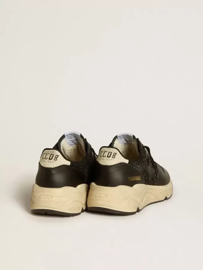 Dames Running Sole in zwart glitter met leren ster en nubuck hielstuk