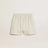Dames short van wolmix met witte en grijze krijtstreep