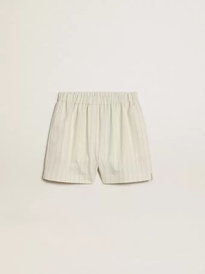 Dames short van wolmix met witte en grijze krijtstreep