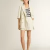 Dames short van wolmix met witte en grijze krijtstreep