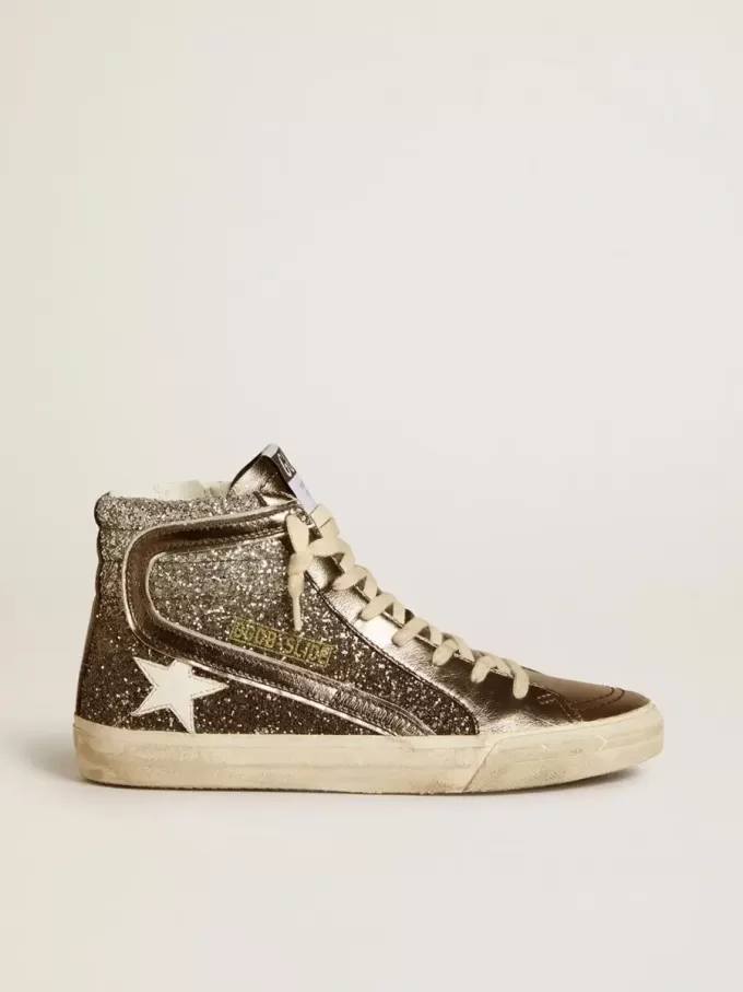 Dames-slip-on in zwart en zilver glitter met leren ster en metallic flash