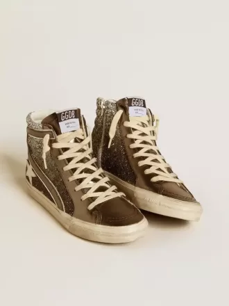 Dames-slip-on in zwart en zilver glitter met leren ster en metallic flash