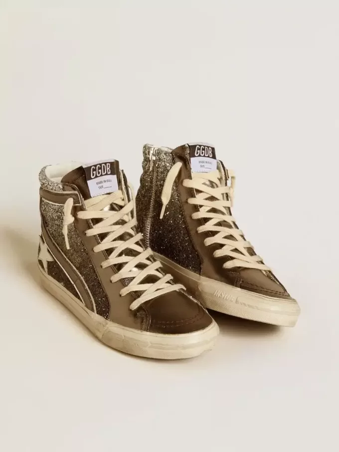 Dames-slip-on in zwart en zilver glitter met leren ster en metallic flash