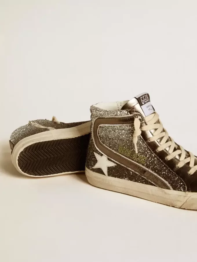 Dames-slip-on in zwart en zilver glitter met leren ster en metallic flash