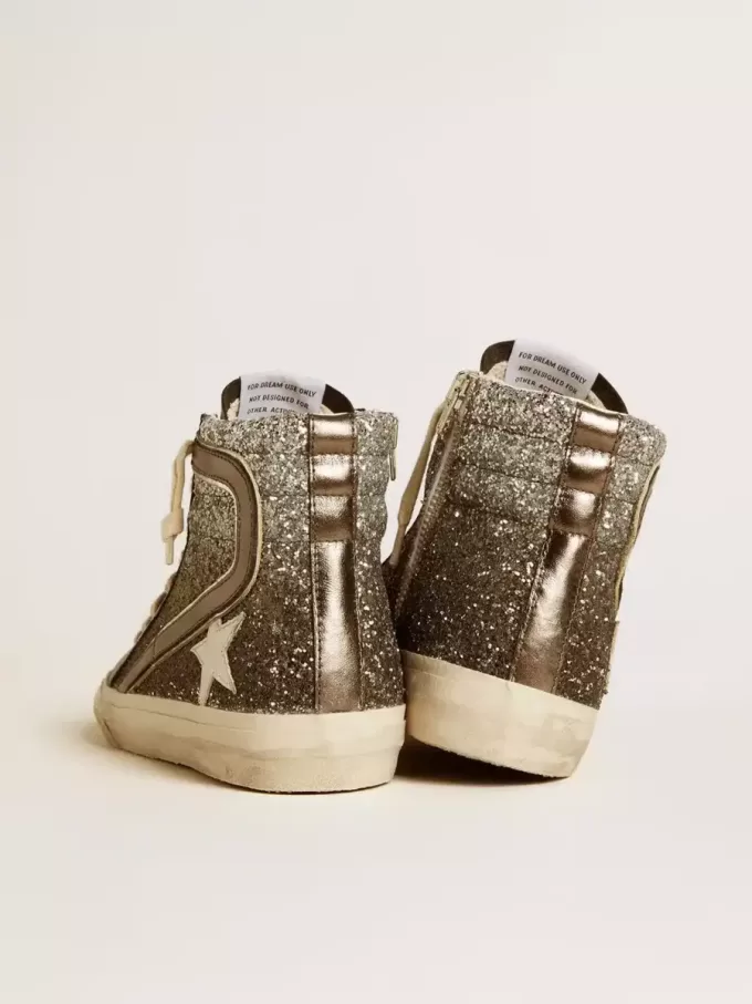 Dames-slip-on in zwart en zilver glitter met leren ster en metallic flash