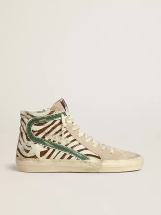 Dames-slip-on van ponyhuid met zebraprint en groene gelamineerde leren details