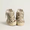 Dames-slip-on van ponyhuid met zebraprint en groene gelamineerde leren details