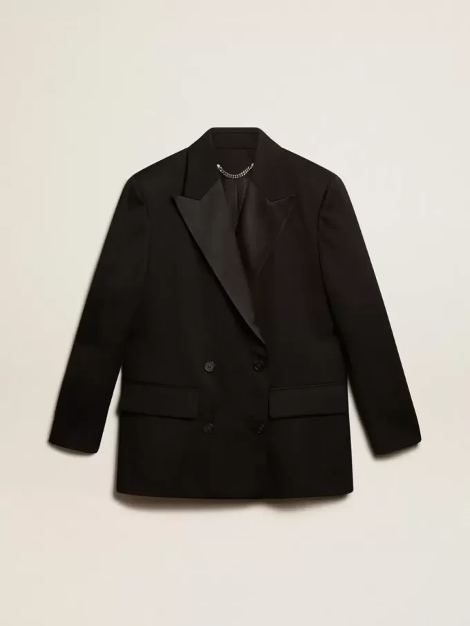 Dames smokingjasje van zwarte wollen gabardine