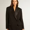Dames smokingjasje van zwarte wollen gabardine