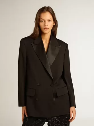 Dames smokingjasje van zwarte wollen gabardine