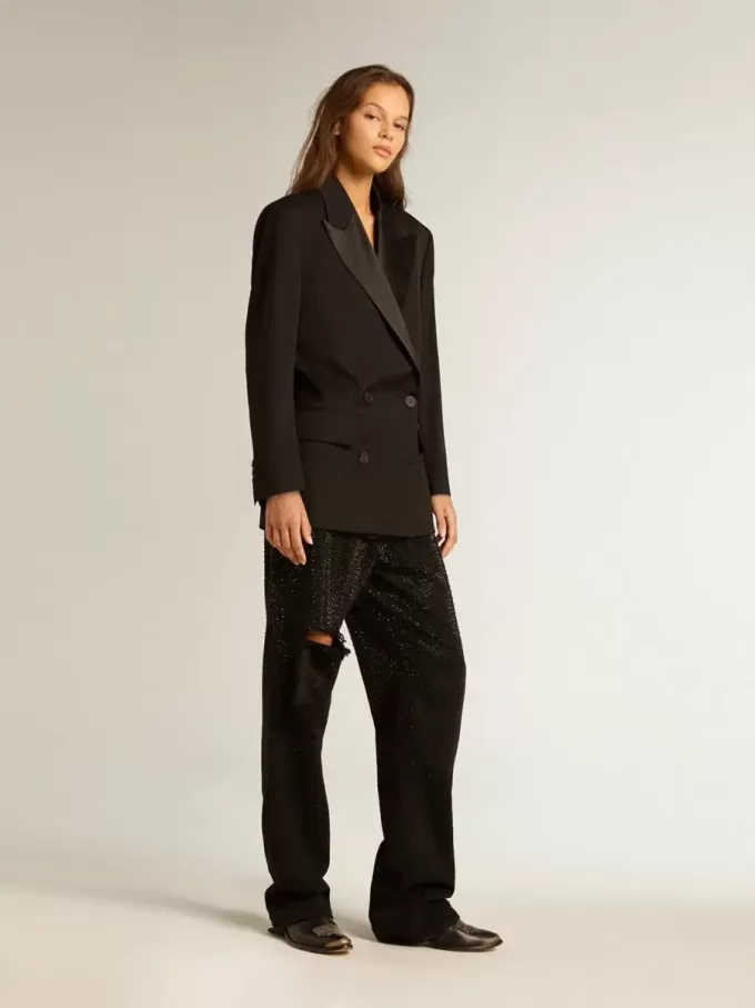 Dames smokingjasje van zwarte wollen gabardine