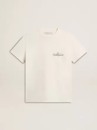Dames-T-shirt in oudwit met logo op de borst