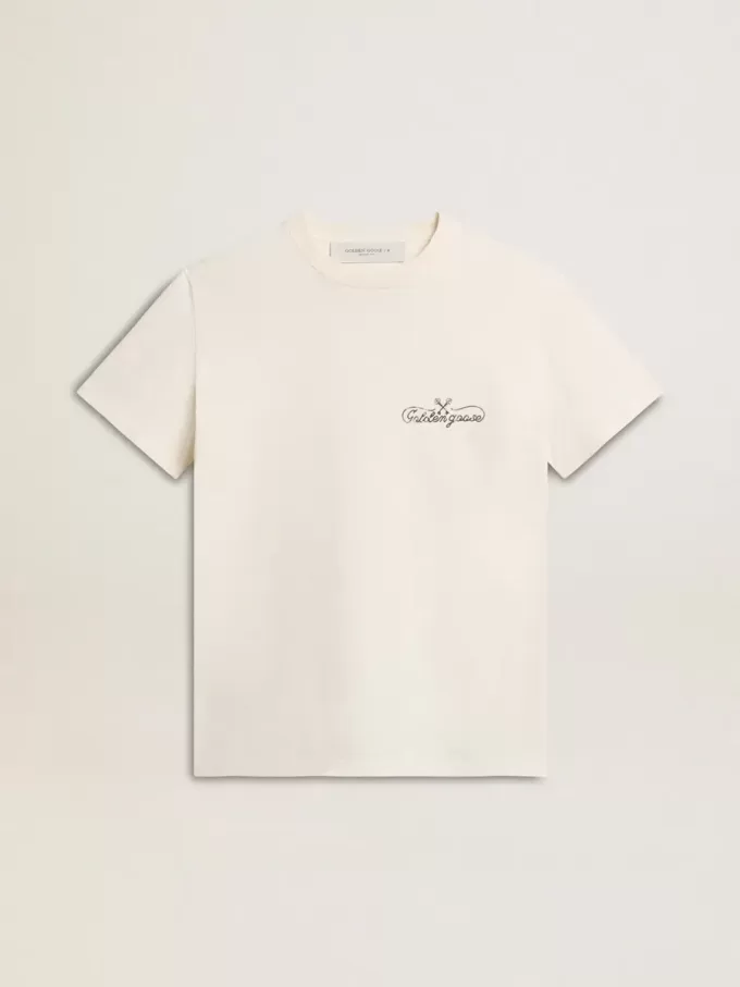 Dames-T-shirt in oudwit met logo op de borst