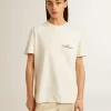 Dames-T-shirt in oudwit met logo op de borst