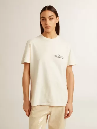 Dames-T-shirt in oudwit met logo op de borst