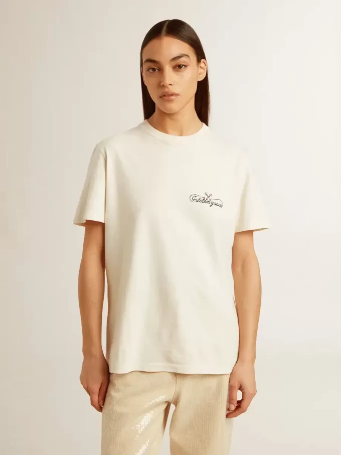 Dames-T-shirt in oudwit met logo op de borst