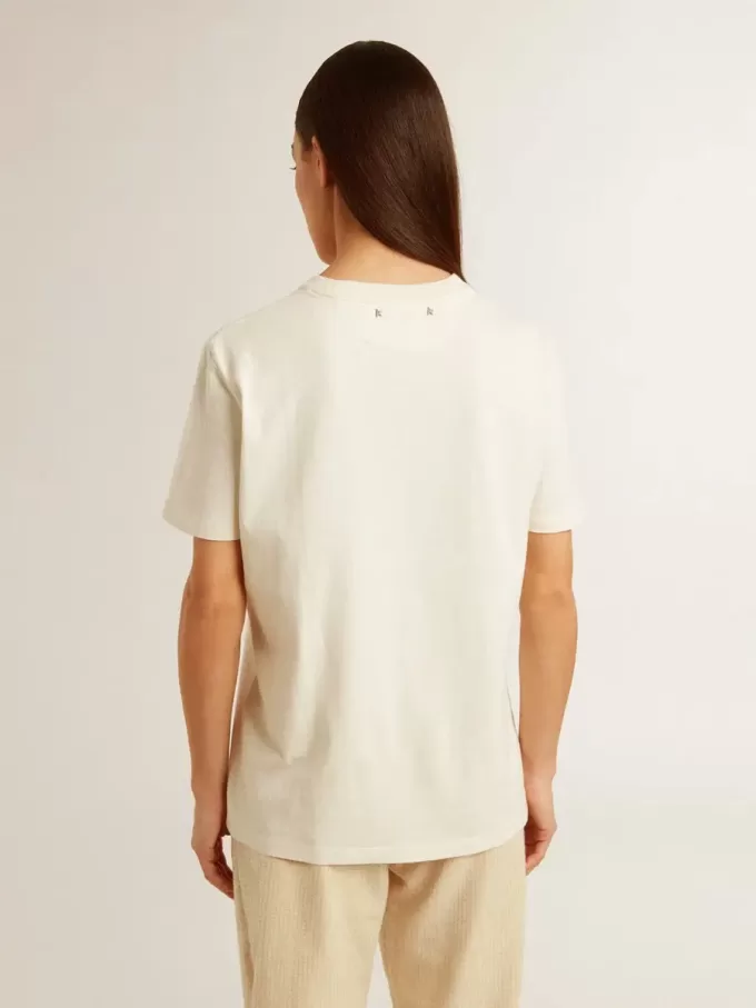 Dames-T-shirt in oudwit met logo op de borst