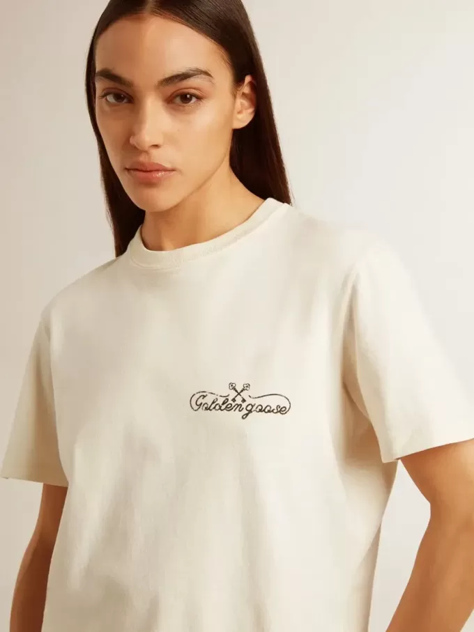 Dames-T-shirt in oudwit met logo op de borst