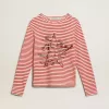 Dames-T-shirt met witte en rode strepen en borduursel op de voorkant