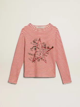 Dames-T-shirt met witte en rode strepen en borduursel op de voorkant