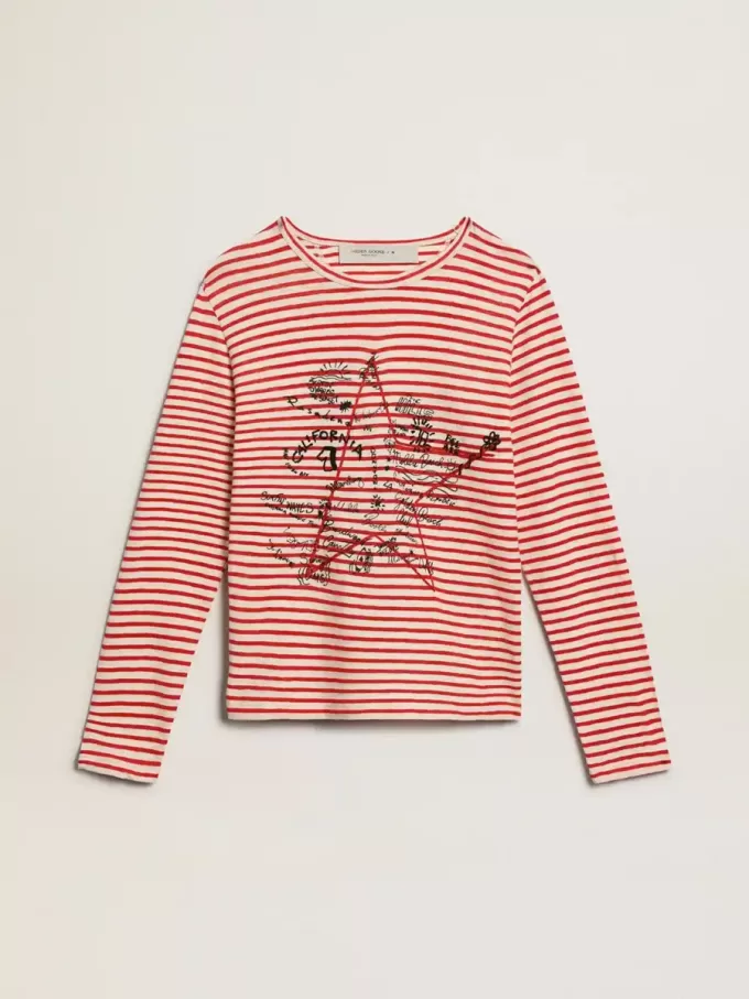 Dames-T-shirt met witte en rode strepen en borduursel op de voorkant