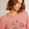 Dames-T-shirt met witte en rode strepen en borduursel op de voorkant