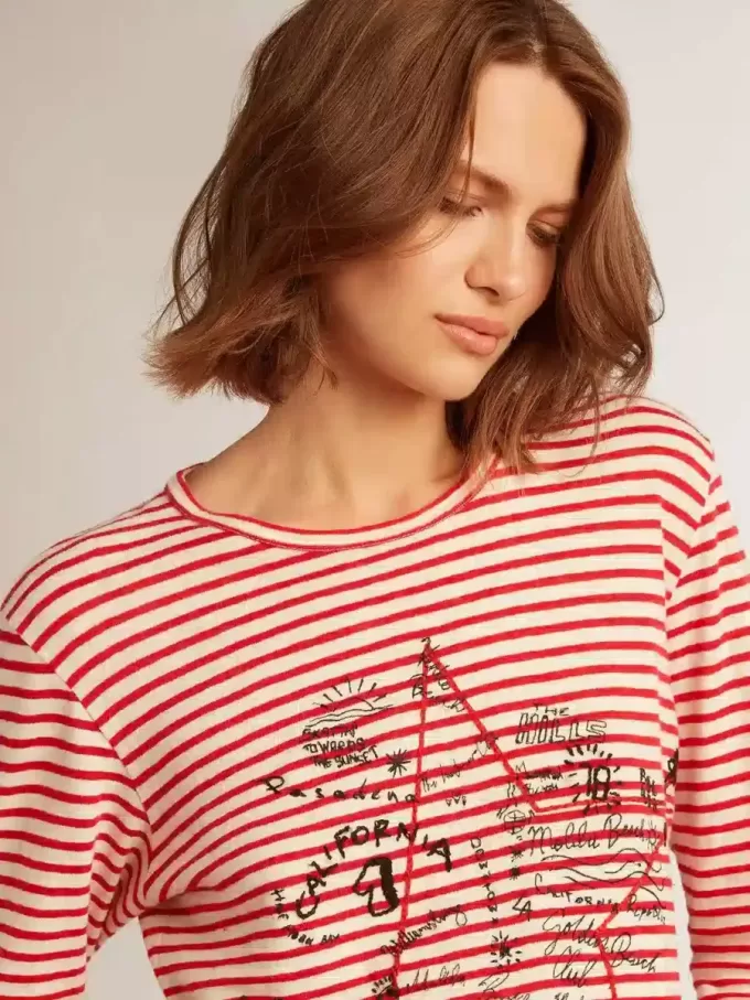 Dames-T-shirt met witte en rode strepen en borduursel op de voorkant