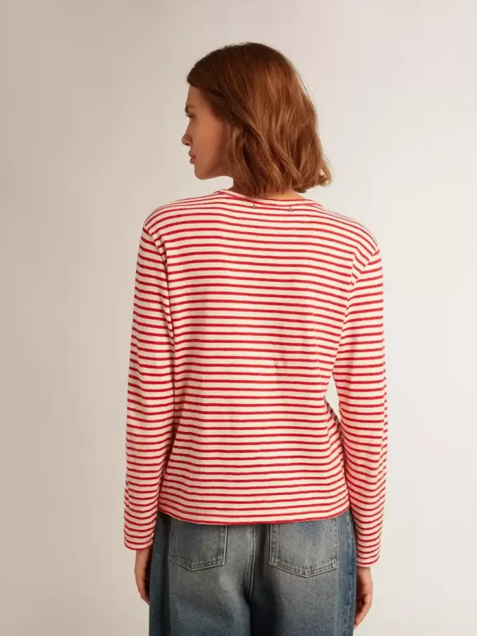 Dames-T-shirt met witte en rode strepen en borduursel op de voorkant
