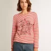 Dames-T-shirt met witte en rode strepen en borduursel op de voorkant