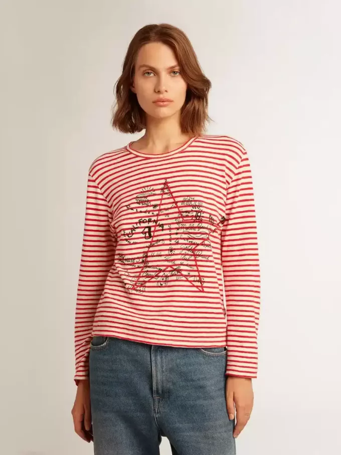 Dames-T-shirt met witte en rode strepen en borduursel op de voorkant