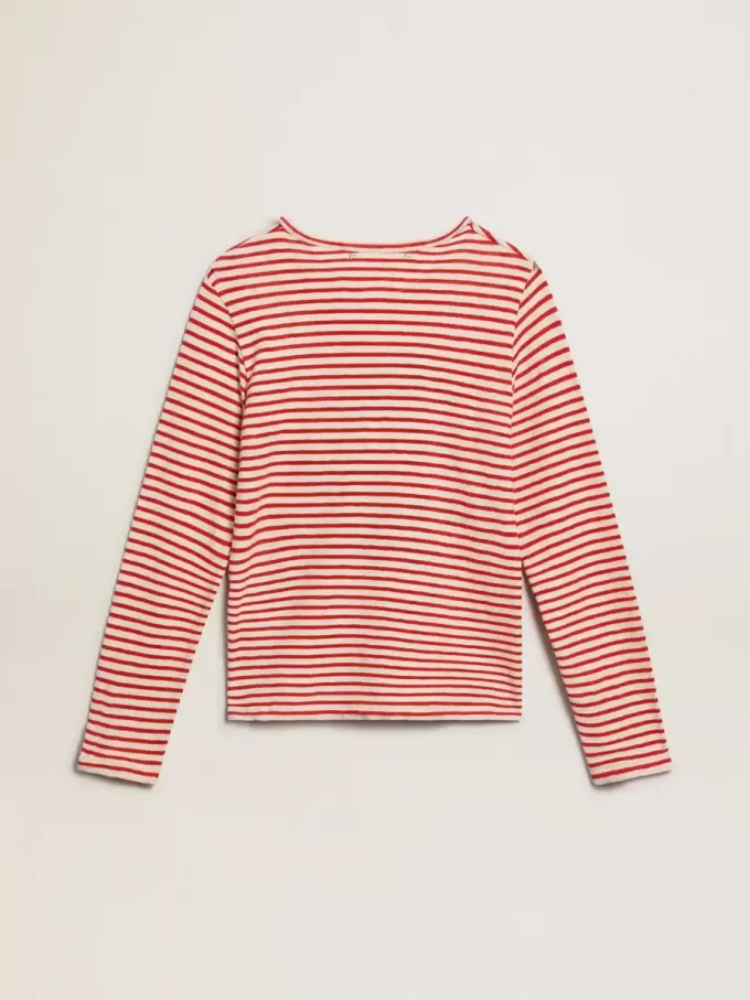 Dames-T-shirt met witte en rode strepen en borduursel op de voorkant