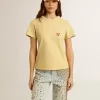 Dames-T-shirt van katoenen jersey met borduursel op de hals en het hart