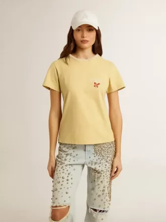Dames-T-shirt van katoenen jersey met borduursel op de hals en het hart
