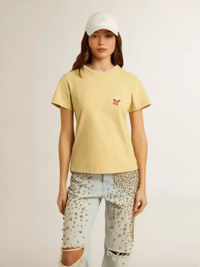 Dames-T-shirt van katoenen jersey met borduursel op de hals en het hart